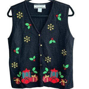 Crystal Kobe Black Embroidered Ugly Christmas Sweater Vest Size Large